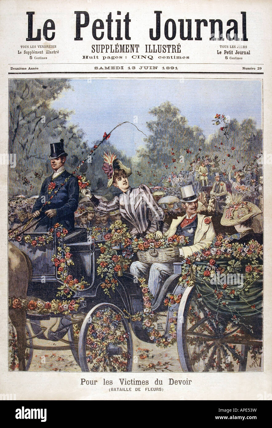 press/media, magazines, 'Le Petit Journal', Paris, 2. volume, number 29, illustrated supplement, Saturday 13 June 1891, title, 'The battle of the flowers', , Stock Photo