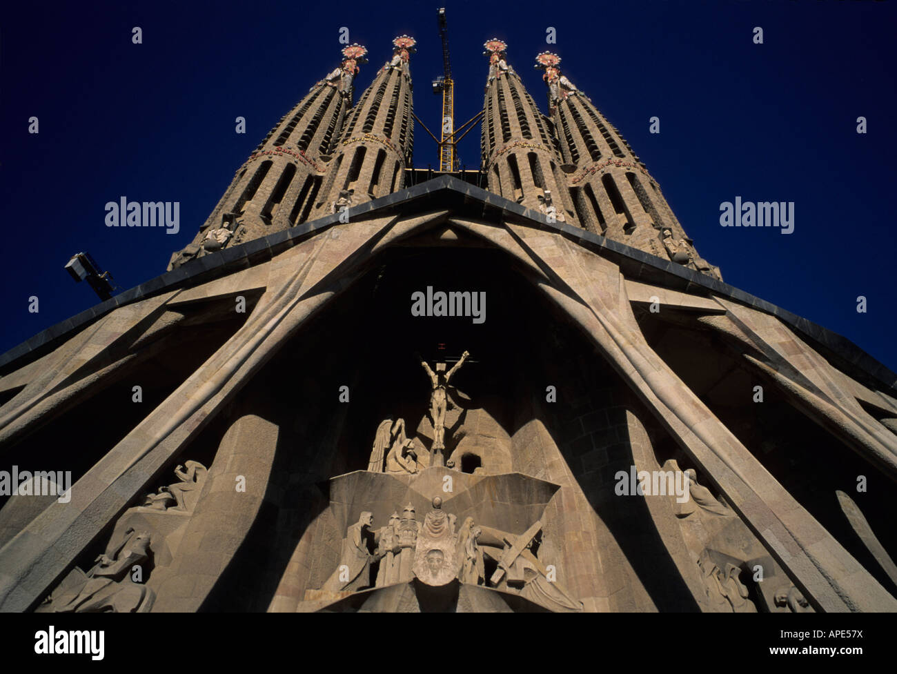 Front of La Sagrada Familia in Barcelona.  Designed by Antoni Gaudi. Stock Photo