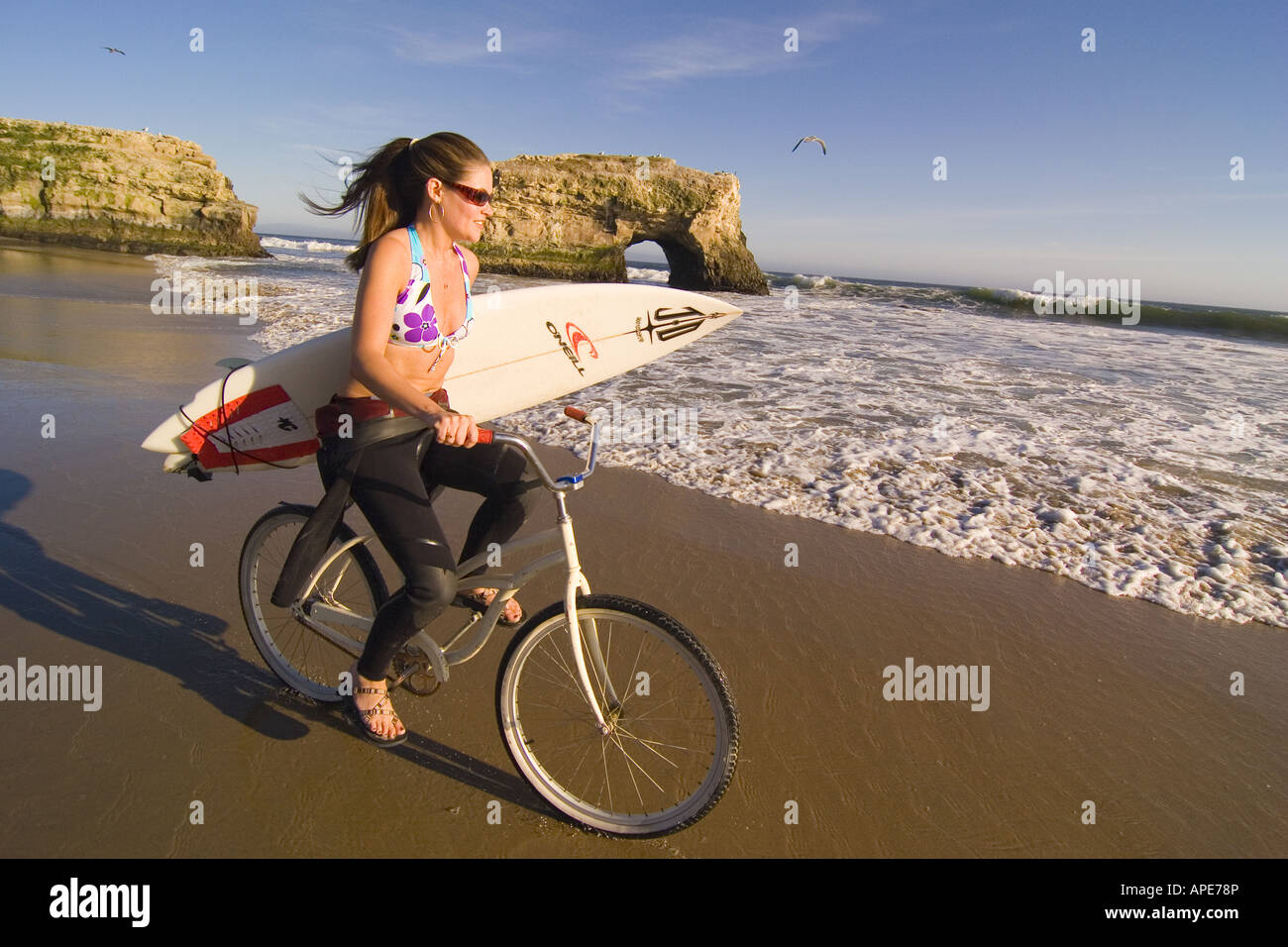 A woman with a surfboard riding a cruiser bike on the beach at Natural Bridges State Park in Santa Cruz in California Stock Photo