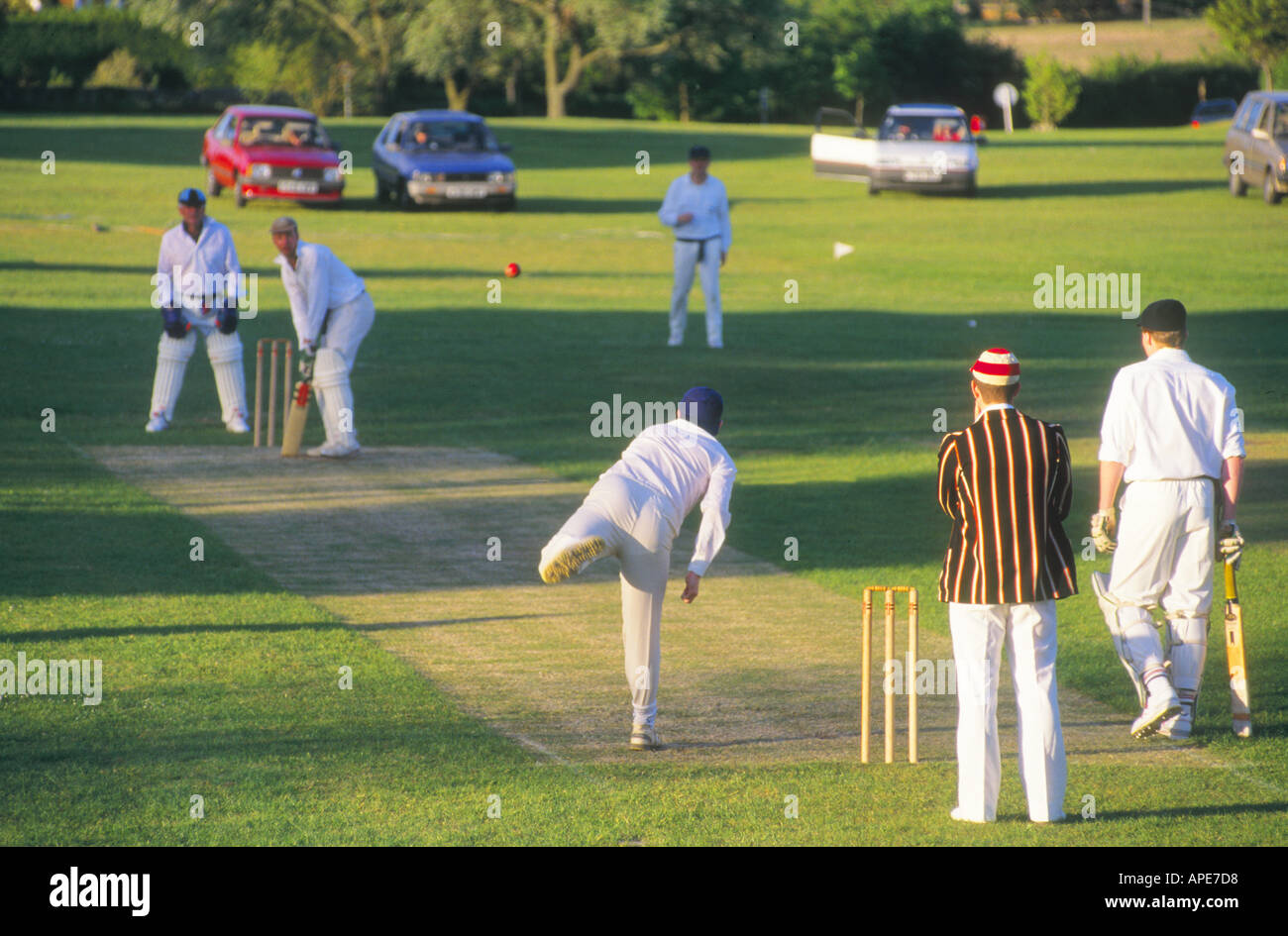 British cricket game on grassland meadow Stock Photo Alamy