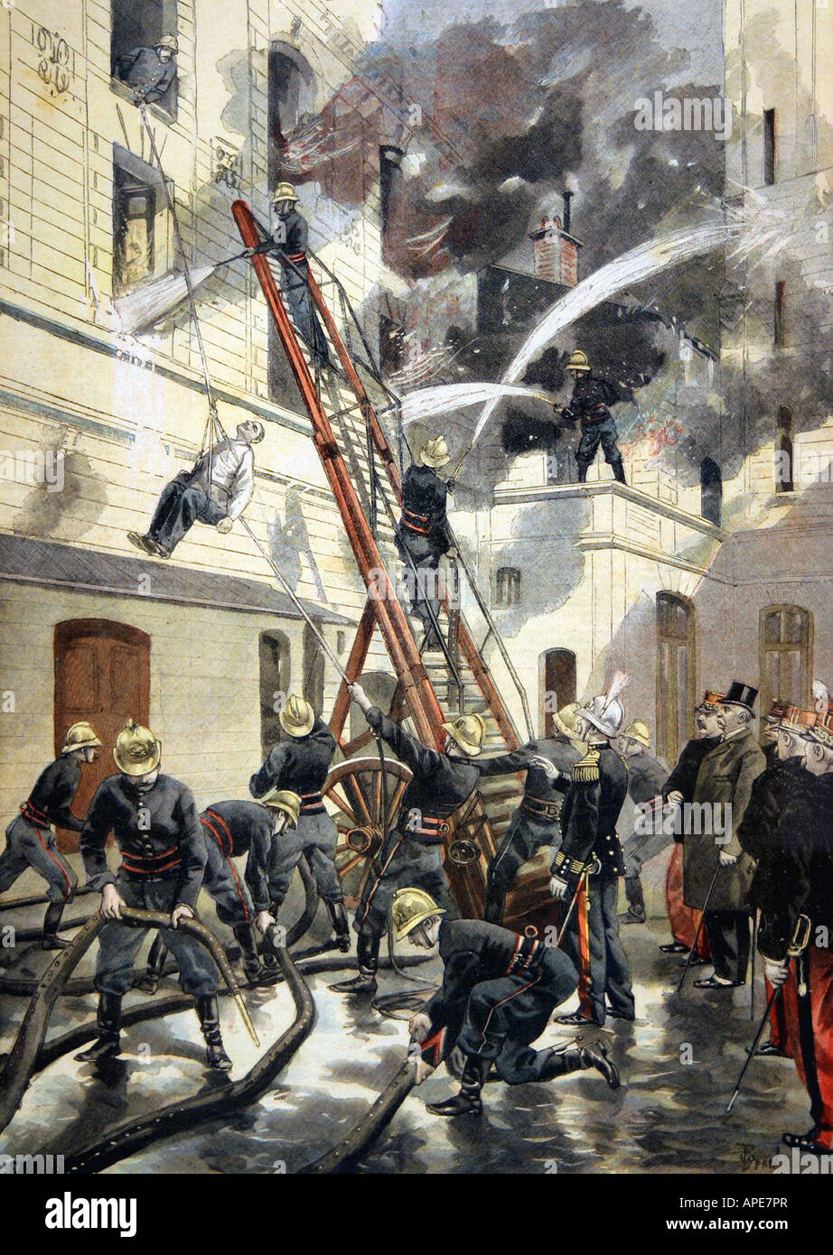 press/media, magazines, 'Le Petit Journal', Paris, 9. volume, number 379, illustrated supplement, Sunday 20 February 1898, illustration, 'The president of the Republic Felix Faure visiting a rescue exercise of the Parisian fire brigade', , Stock Photo