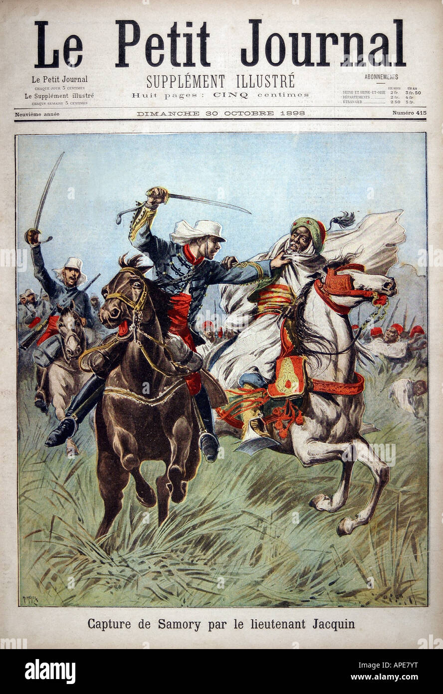 press/media, magazines, 'Le Petit Journal', Paris, 9. volume, number 415, illustrated supplement, Sunday 30 Oktober 1898, 'Capture of Samori by lieutenant Jacquin', historic, historical, magazine, illustration, France, Third Republic, Stock Photo