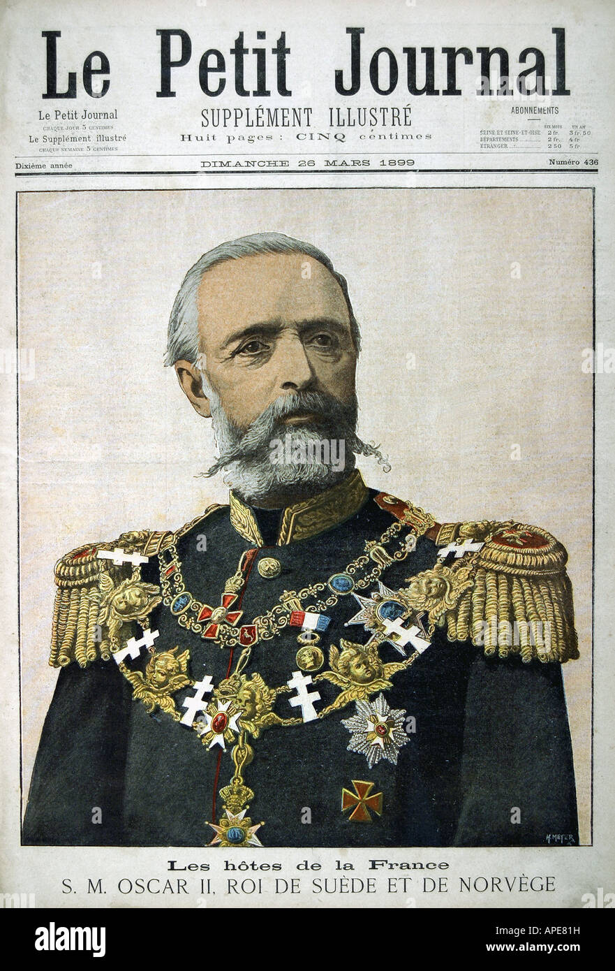 press/media, magazines, 'Le Petit Journal', Paris, 10. volume, number 436, illustrated supplement, Sunday 26 March 1899, title, 'Oscar II king of Sweden and Norway', , Stock Photo
