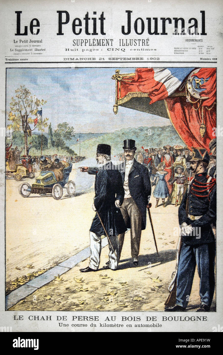 press/media, magazines, 'Le Petit Journal', Paris, 13 volume, number 618, illustrated supplement, Sunday 21 September 1902, title, 'The Shah of Persia at the Bois de Boulogne', , Stock Photo