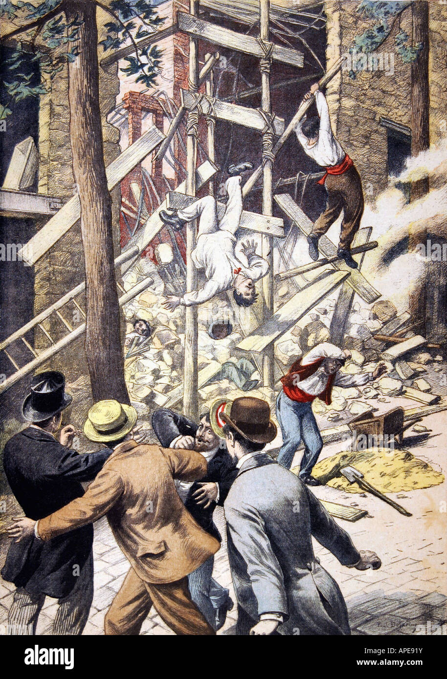 press/media, magazines, 'Le Petit Journal', Paris, 13 volume, number 618, illustrated supplement, Sunday 21 September 1902, illustration, 'In Rosny-sous-Bois a scaffolding is collapsing, eight workers are injured', , Stock Photo