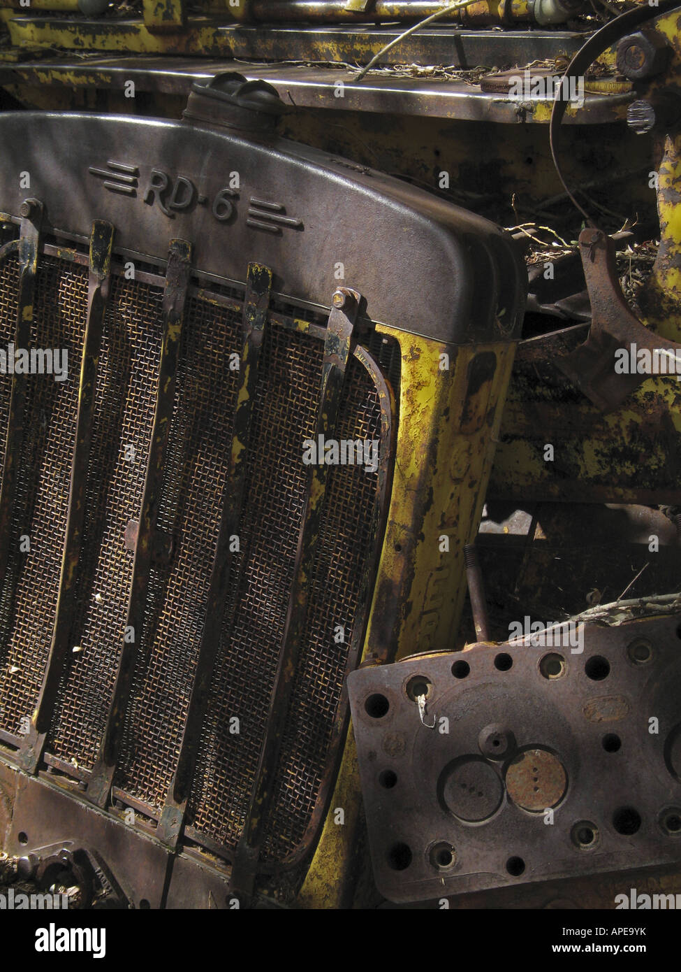 This rusty old truck engine radiator is in a junk yard in Jerome, AZ