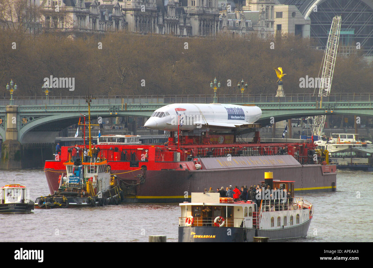 UK London Westminster Bridge and Concorde G BOAA destined for Museum of Flight in East Lothian Scotland Stock Photo