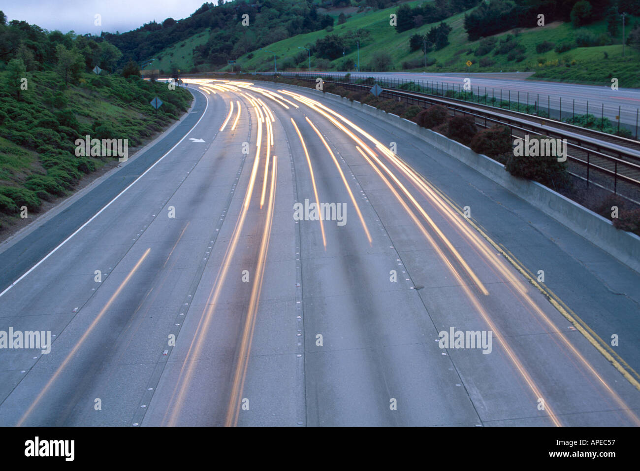 Automobile car headlights on multilane freeway Orinda Contra Costa County California Stock Photo