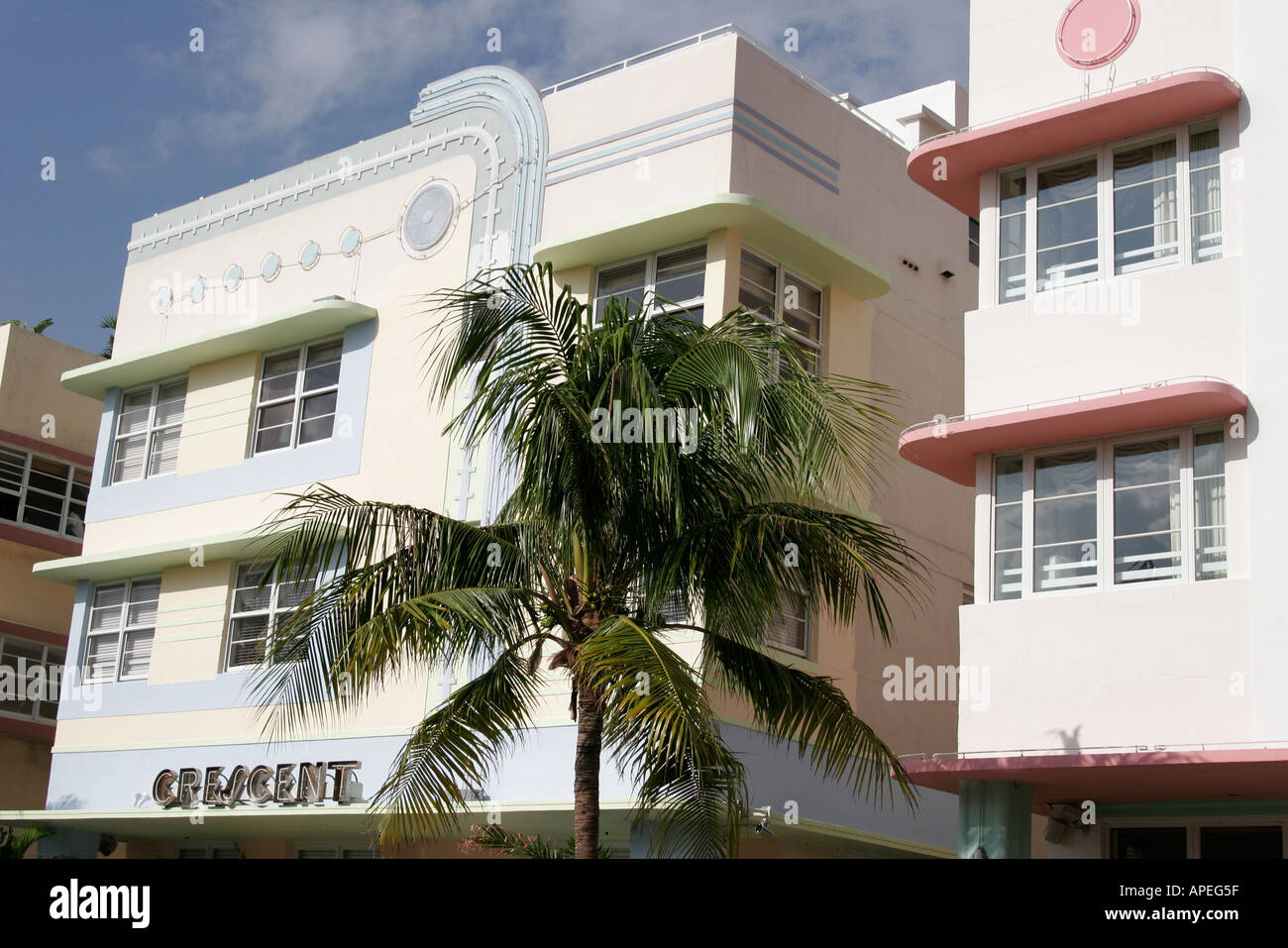 Miami Beach Florida,South Beach,Ocean Drive,McAlpin,hotel hotels lodging inn motel motels,Crescent,hotel hotels lodging inn motel motels,visitors trav Stock Photo