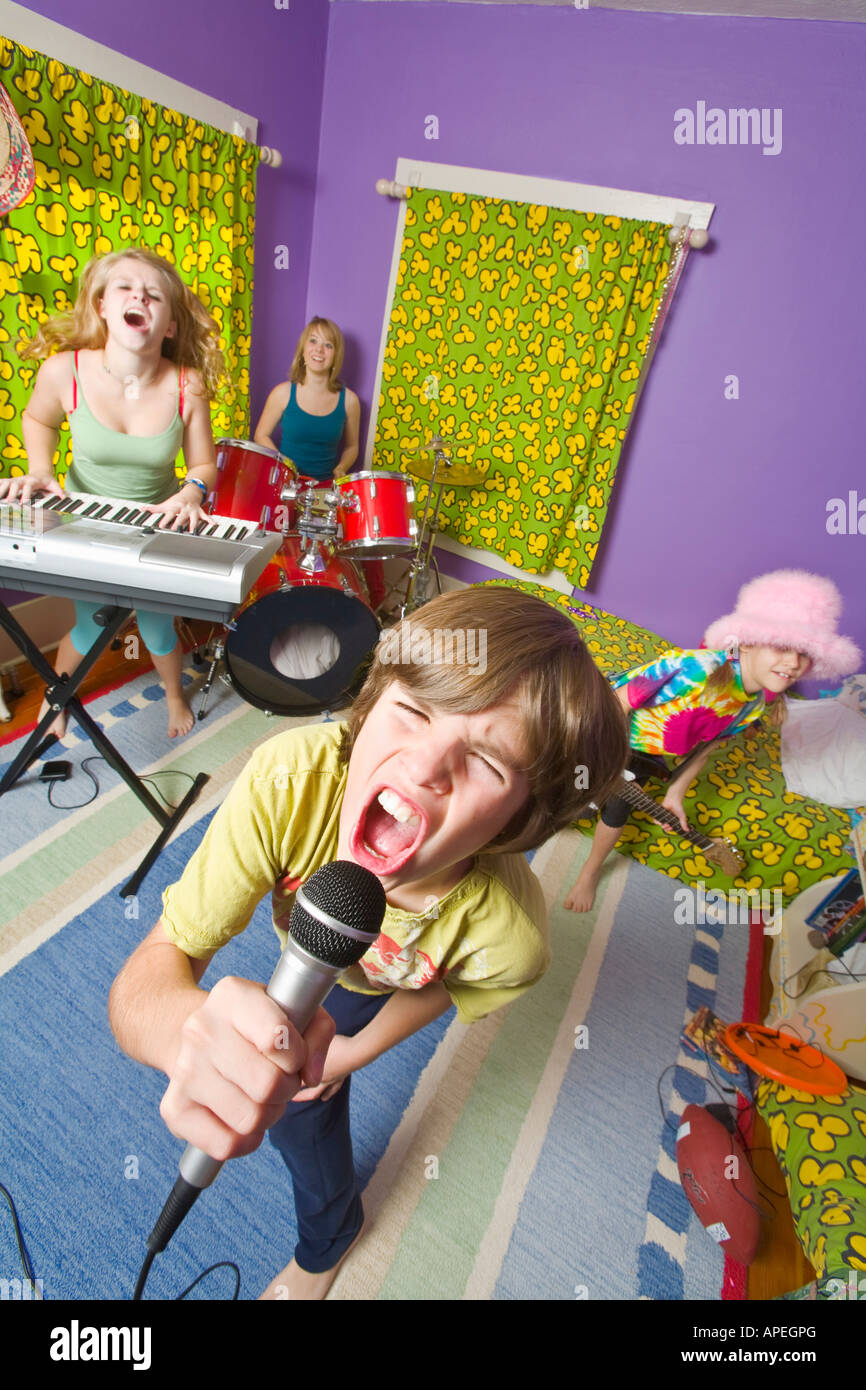 Kids playing instruments in band Stock Photo