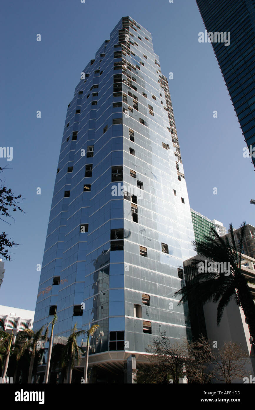 Miami Florida,Brickell Avenue,high rise skyscraper skyscrapers building buildings office building windows damaged,weather,Hurricane Wilma,visitors tra Stock Photo