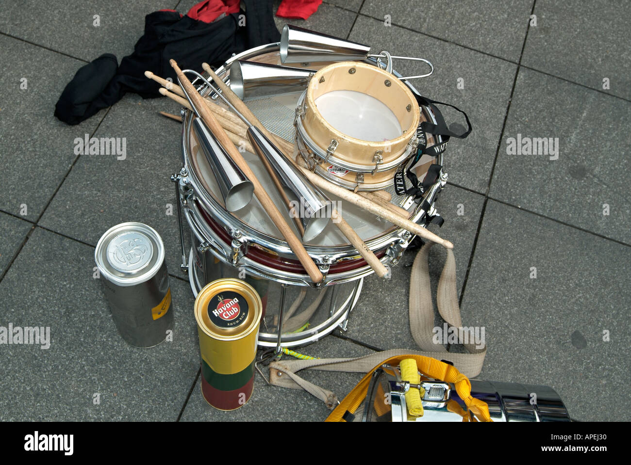 Drums and Other Percussion Instruments Used by a Street Performer Stock Photo