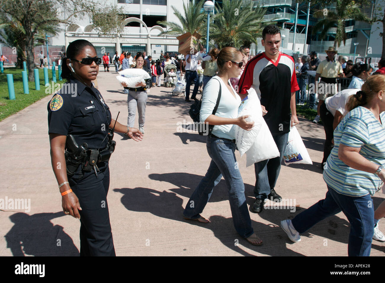 Miami Florida,Orange Bowl,weather,Hurricane Wilma,victims,free food,water,ice,FEMA,state,county,police,visitors travel traveling tour tourist tourism Stock Photo