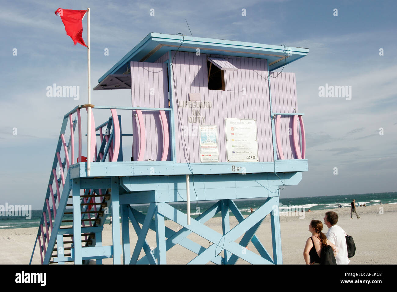 Miami Beach Florida,Atlantic Ocean water lifeguard station,hut,tower,red flag,high hazard,weather,Hurricane Wilma approaching,visitors travel travelin Stock Photo