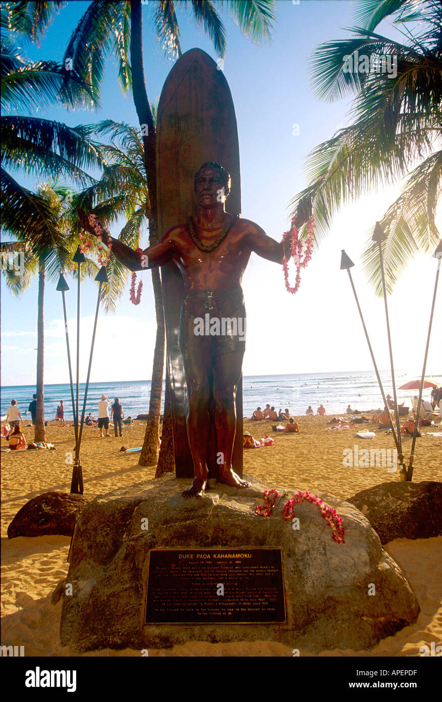 Statue of Duke Paoa Kahanamoku, Waikiki Beach, Hawaii, USA Stock Photo