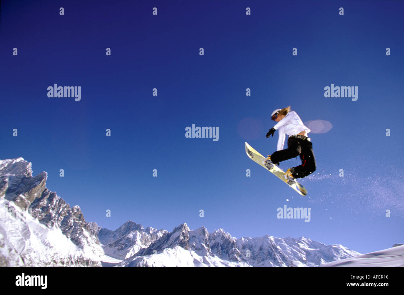 Jenny Jones snowboarding action Stock Photo