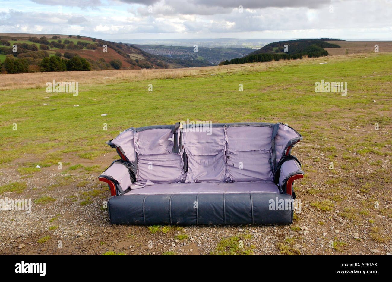 Old sofa dumped on a mountain top at Cefn Crib Gwent South Wales UK