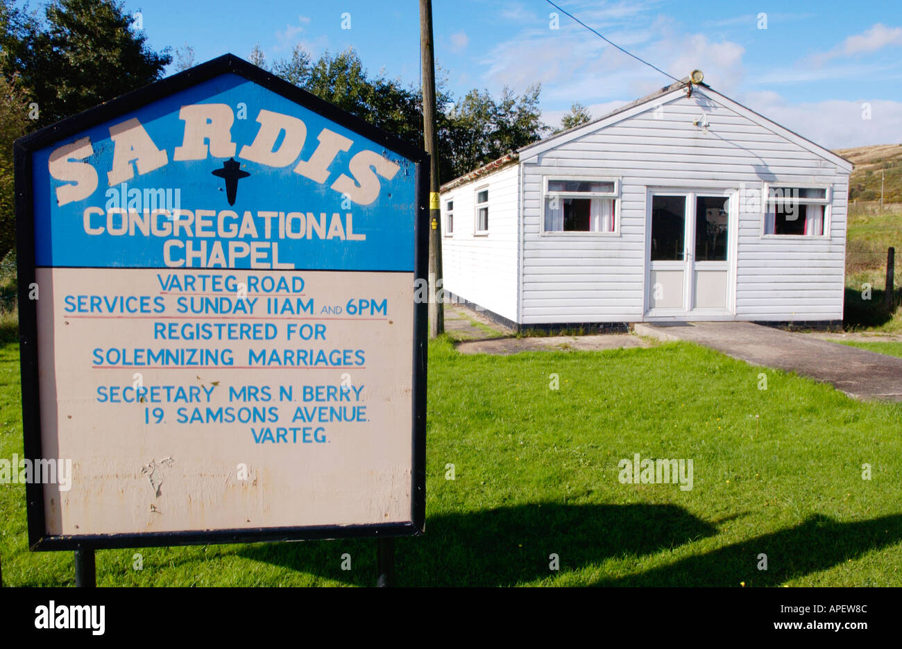 Notice board outside Sardis Congregational Chapel at Varteg South Wales Valleys UK Stock Photo