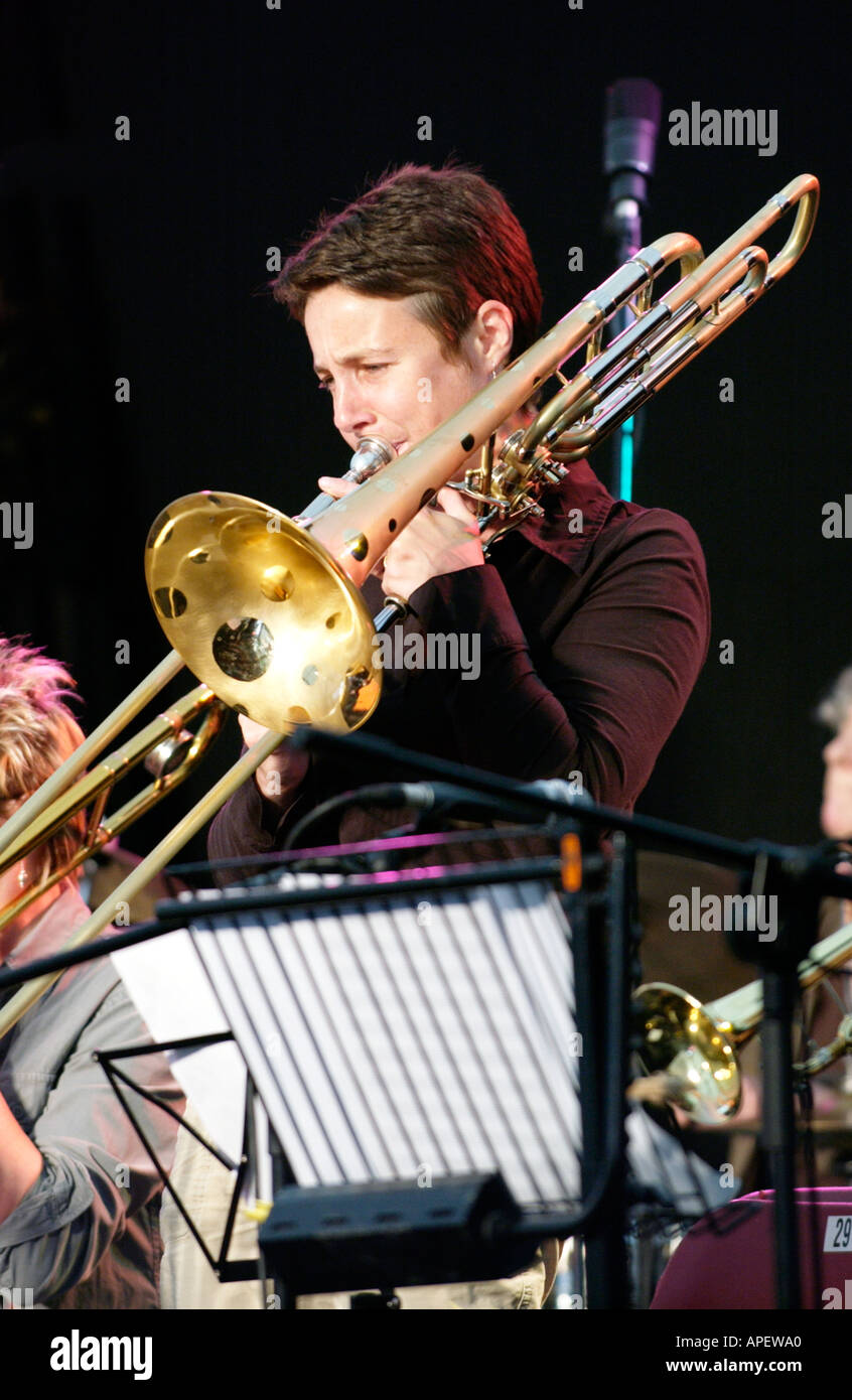 Trombone player with the all female Vortex Big Band playing the annual