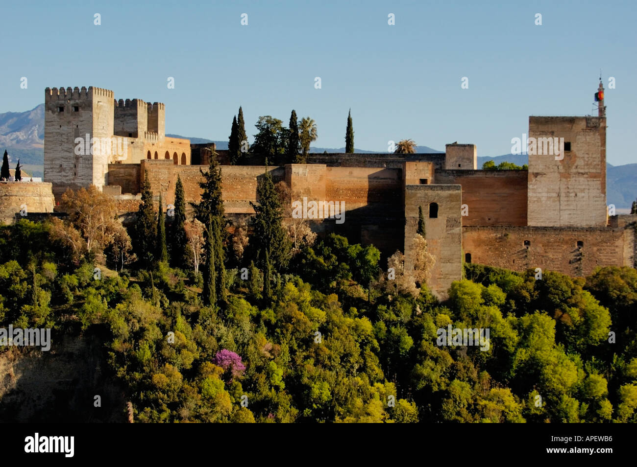 Alhambra Palace - View of Alcazaba citadel and the Alhambra Palace from the Plaza of St. Nicholas, Granada, Andalucia, Spain. Stock Photo