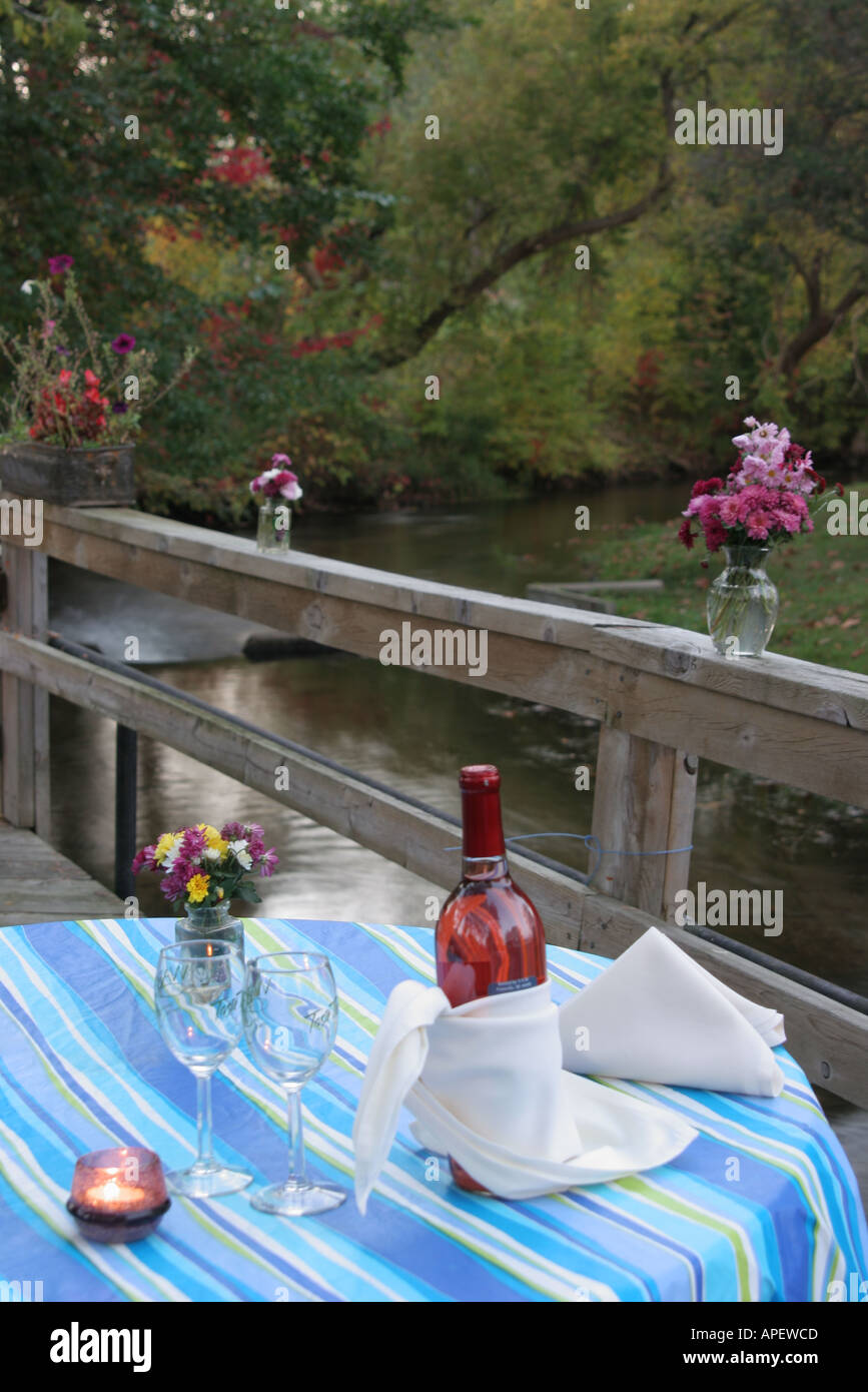 Michigan Paw Paw,Warner Vineyards,vineyard,Kevin's Tavern on the River,water,Paw Paw River,water,table,wine,glass,MI051014181 Stock Photo