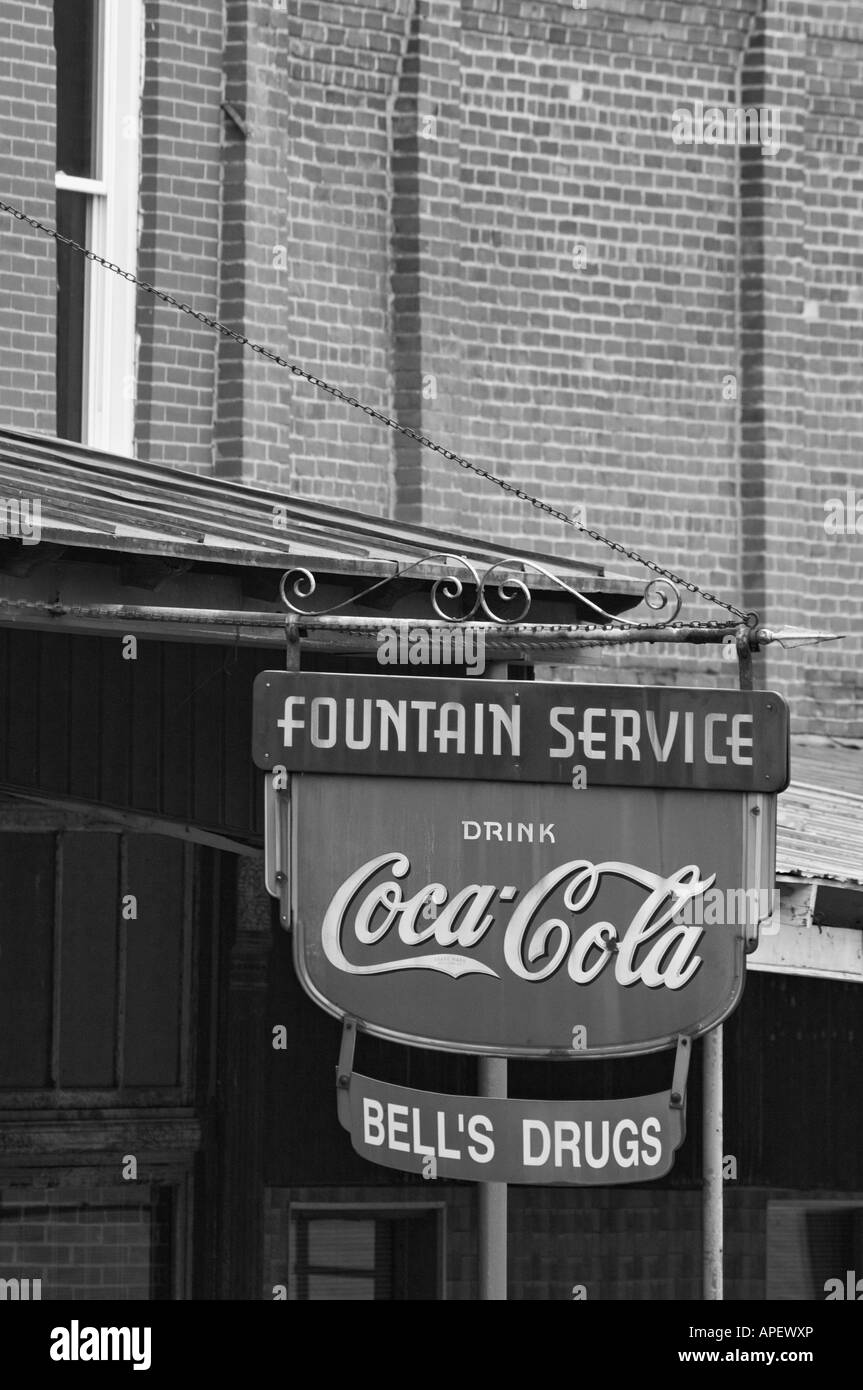 Old Hanging Sign for Bell's Drugs advertising Coca Cola and Fountain Service Sebree Kentucky Stock Photo