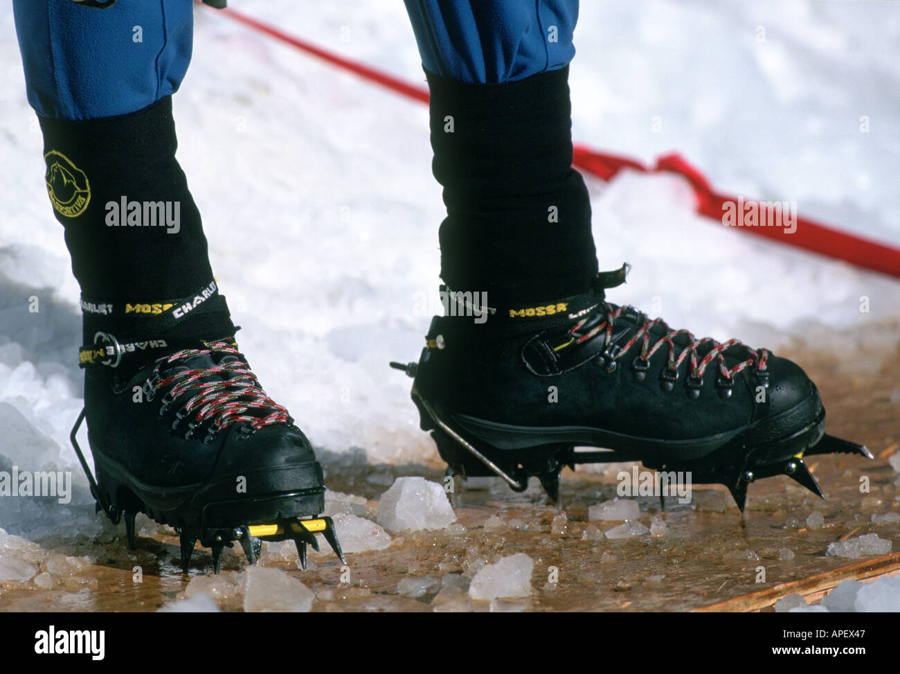 Ice climbers boots crampons, close up Stock Photo