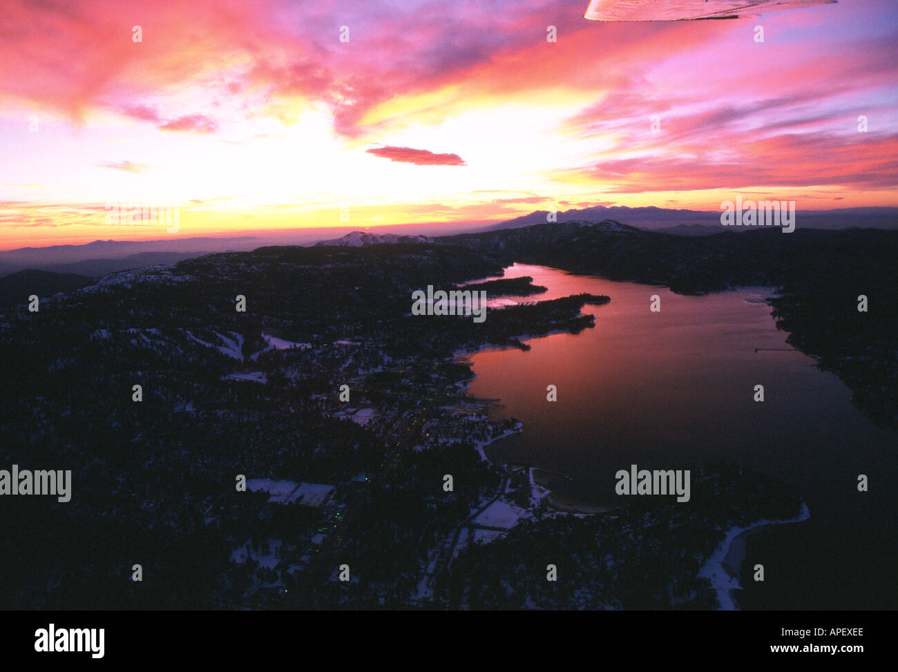 Big bear ski resort, lake at sunset, California, USA Stock Photo