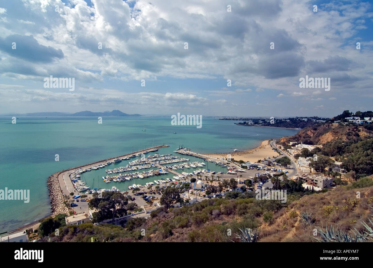 Overview of a small port marina from a good vantage point in the village of Sidi bou Said Stock Photo