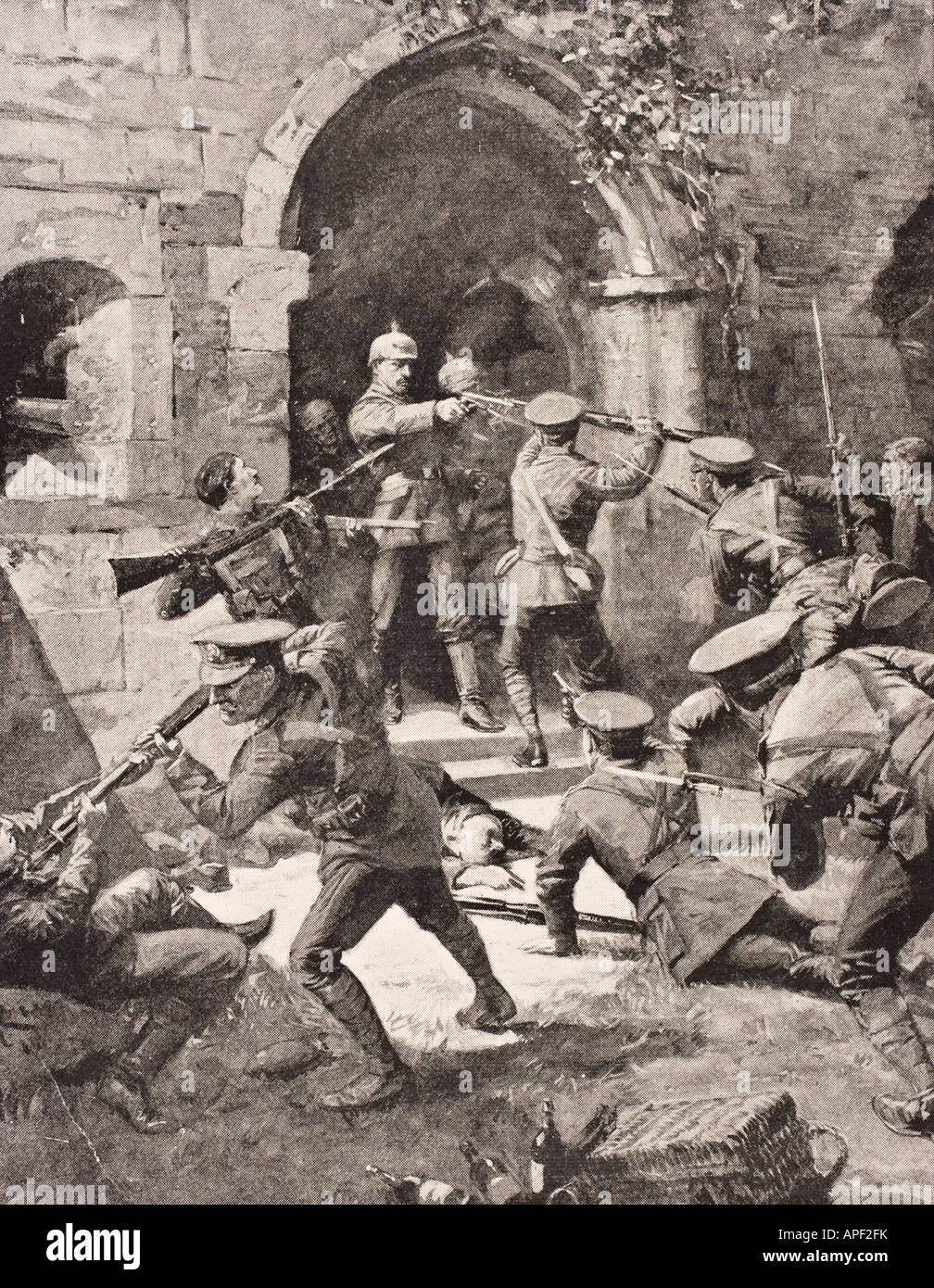 Hand to hand fighting as British troops attack German defenders of Chateau d'Hooge, near Ypres, Belgium during WWI Stock Photo