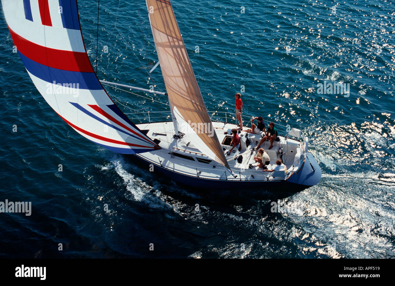41 foot sail boat under spinaker Taken from overhead Stock Photo