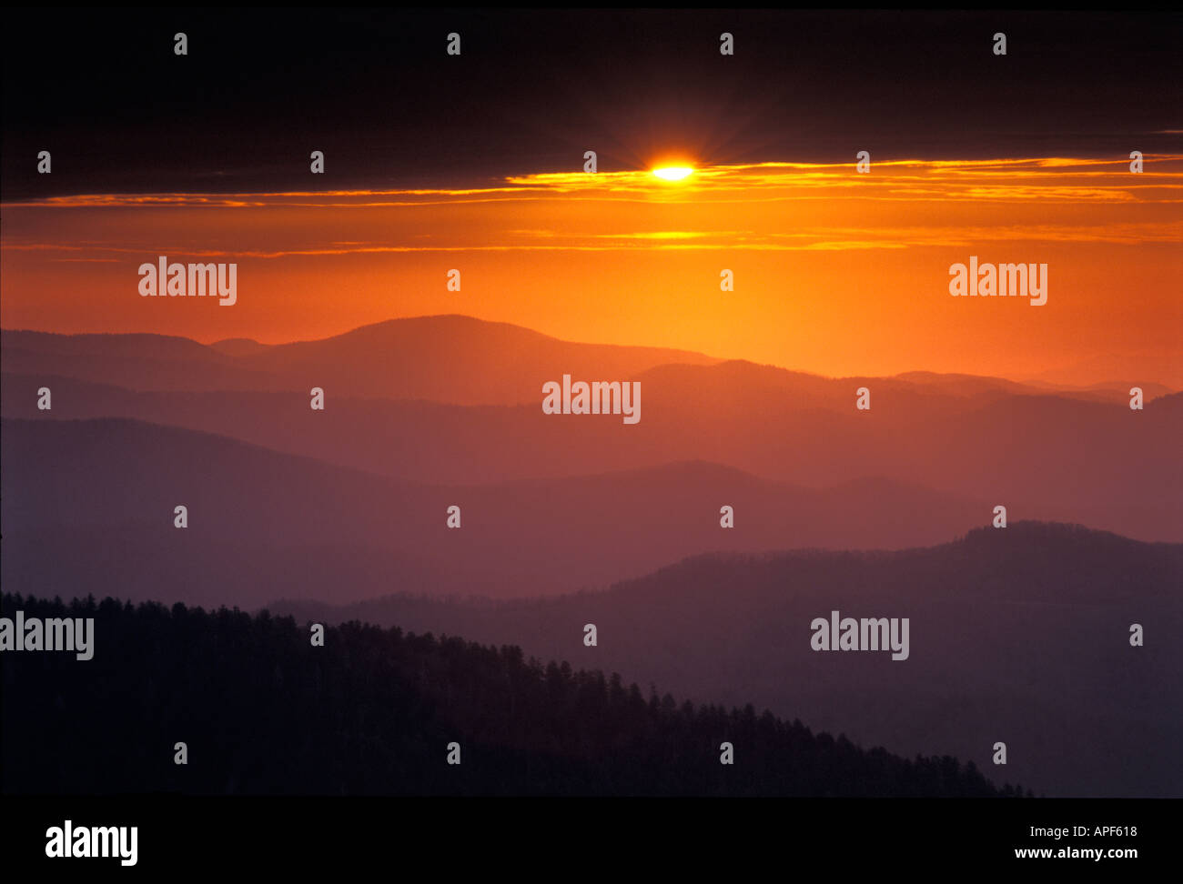 Sunrise Smoky Mountain ridgelines from Clingman s Dome Great Smoky Mountains National Park Tennessee Stock Photo