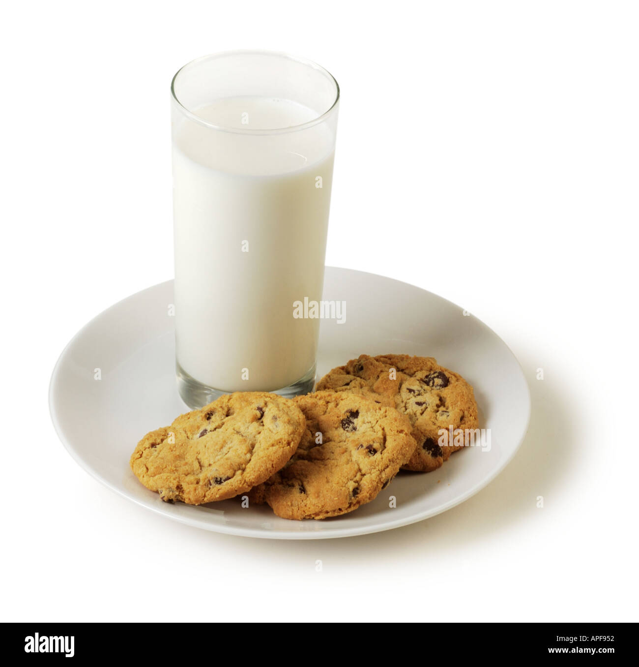 chocolate chip cookies and milk on plate Stock Photo