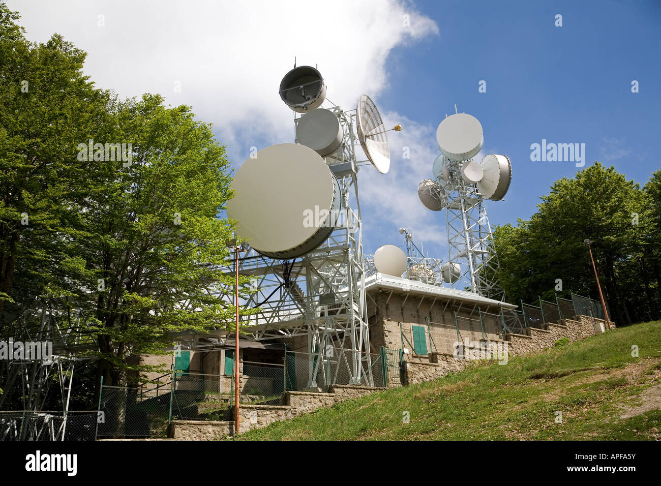 Array of satellite and microwave dishes situated on a hilltop in