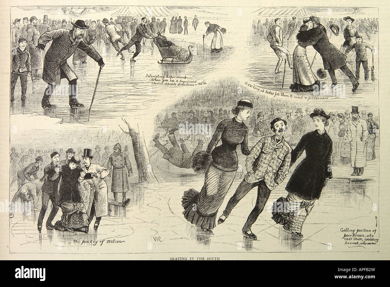 Victorian winter sport skating in the South on ice illustrations published in 1880 Stock Photo