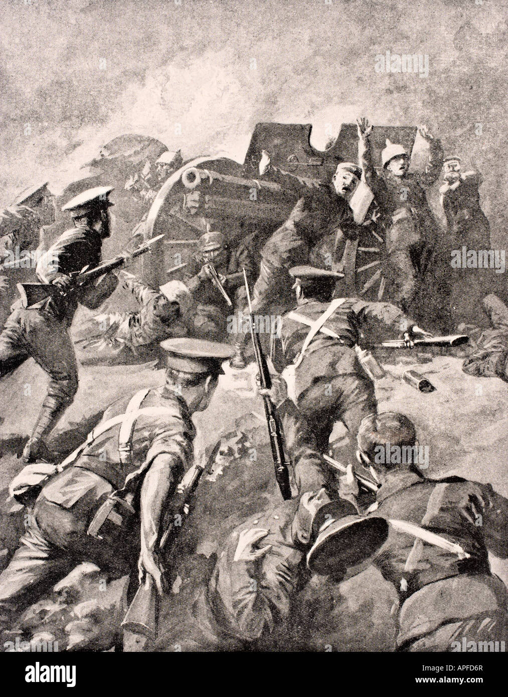 British soldiers bayonet charge German gunners during WWI Stock Photo