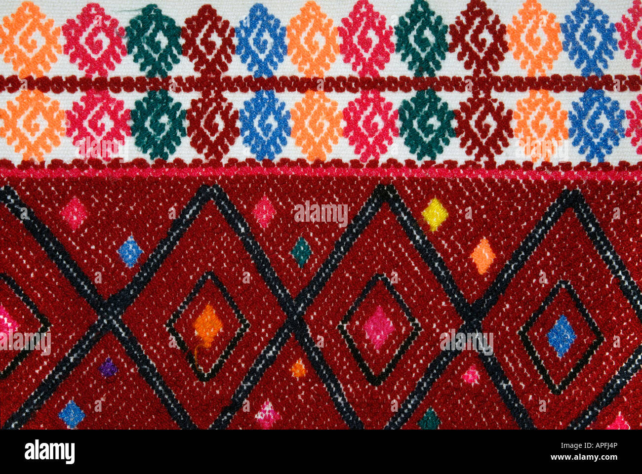 Detail of supplementary weft brocading on a huipil from Chiapas Mexico Stock Photo