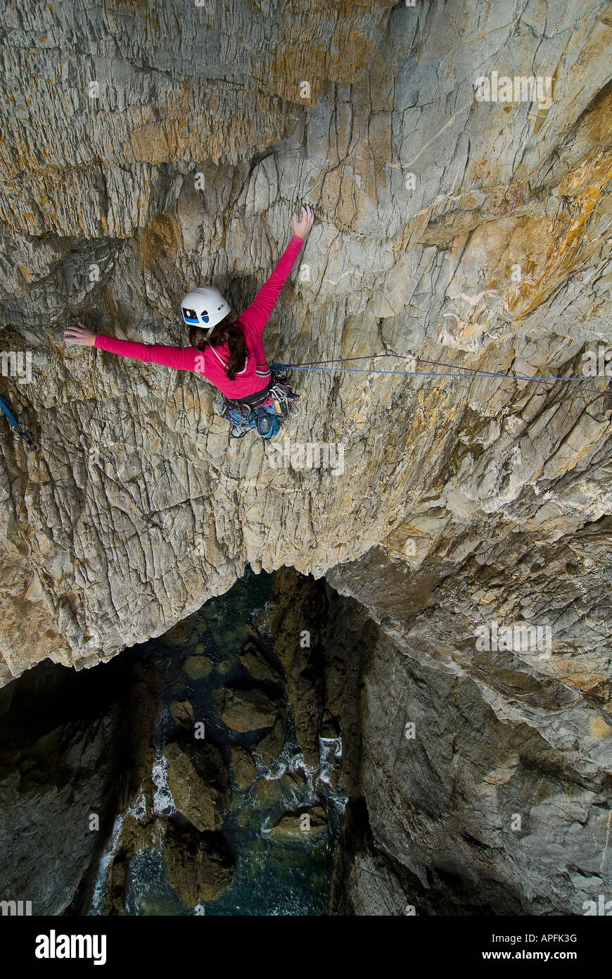 rock Climbing on the sea Cliffs of Gogarth North Wales female climber in extremis, dream of