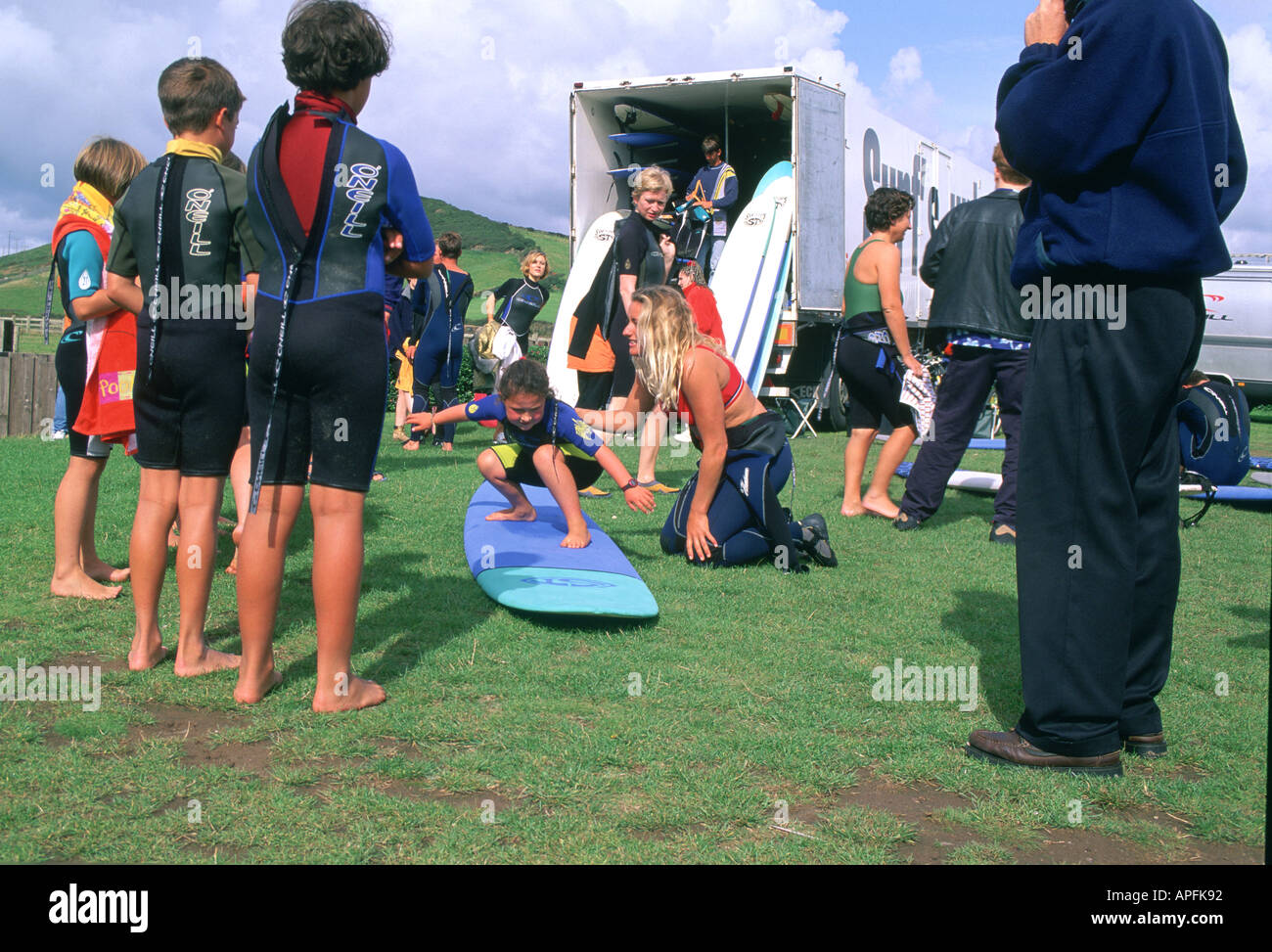SURF SCHOOL ON LAND Stock Photo