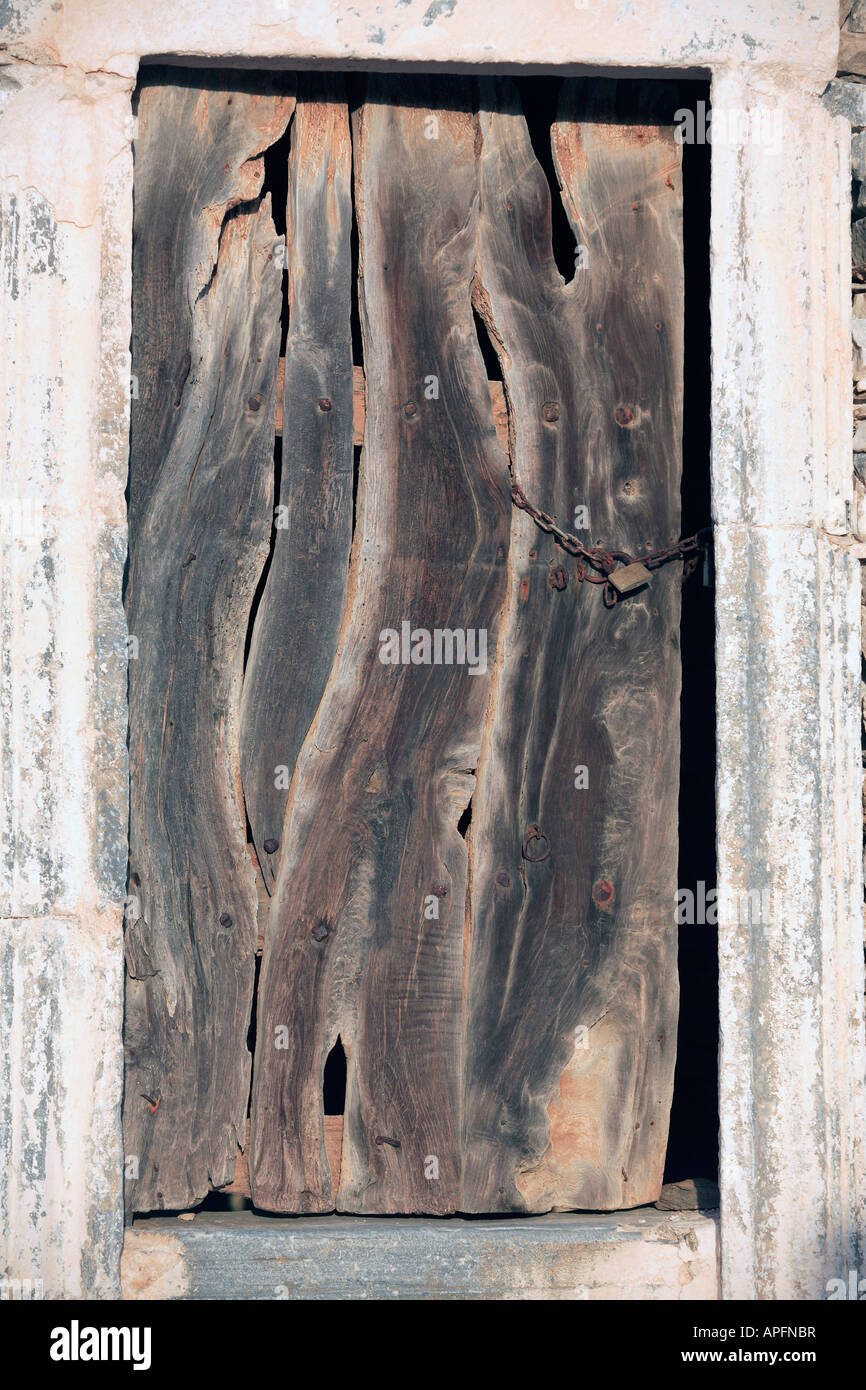 europe greece cyclades sikinos the ancient wooden door at the temple of episcopi Stock Photo