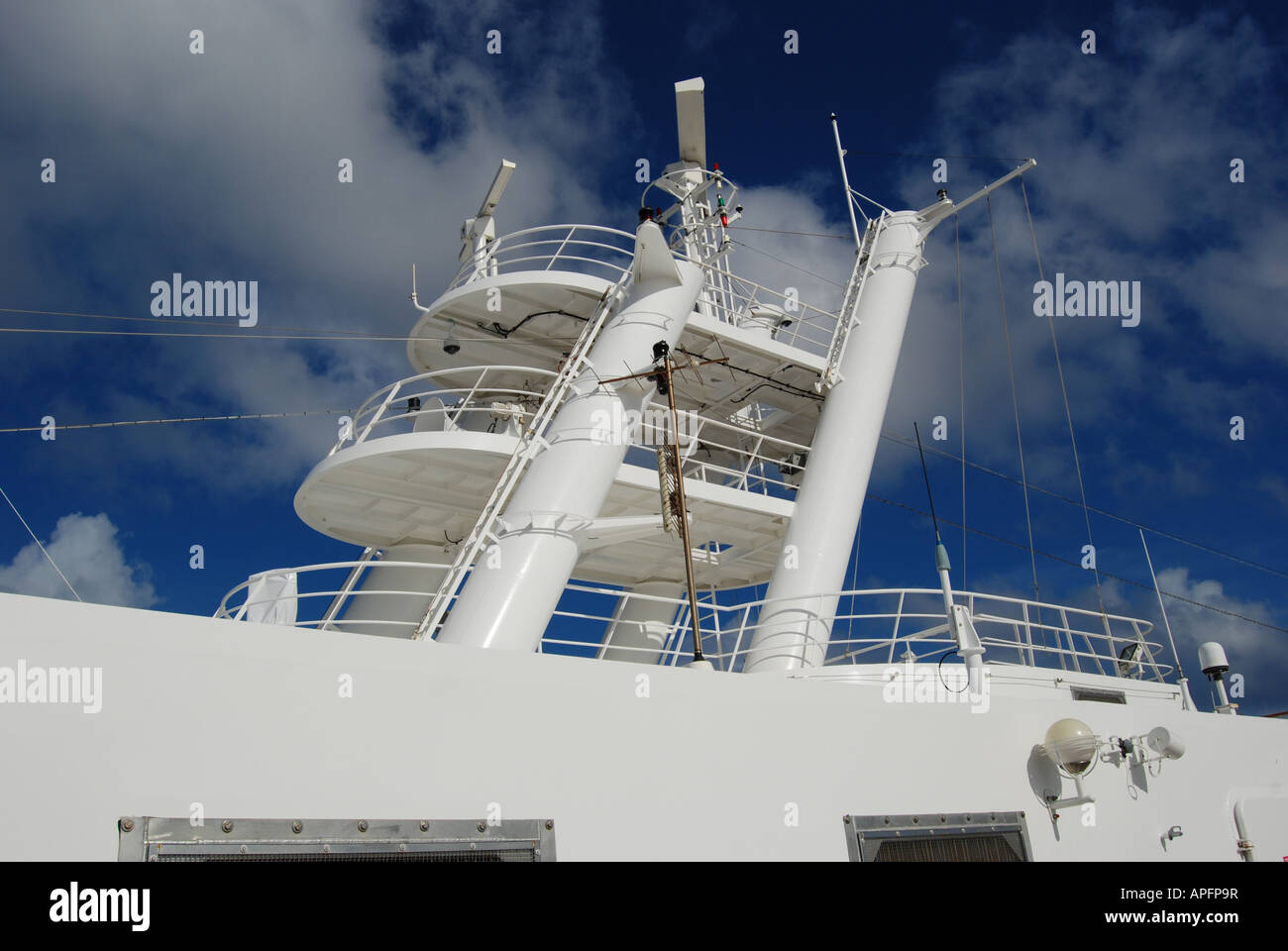 Radar and communications equipment on  the NCL 'Norwegian Jewel' cruise liner. Stock Photo