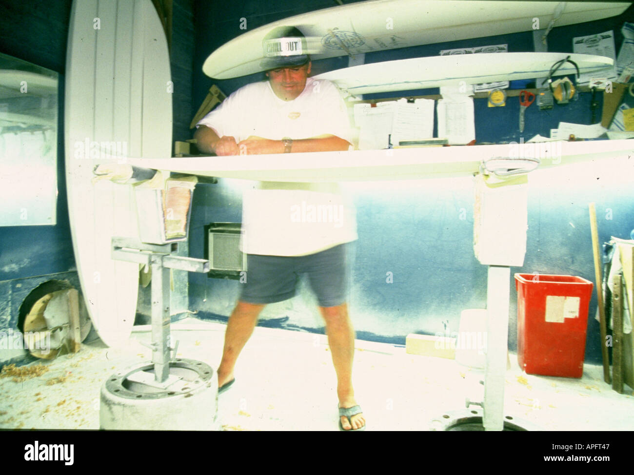 Shaping a surfboard in a workshop in Cornwall, UK Stock Photo