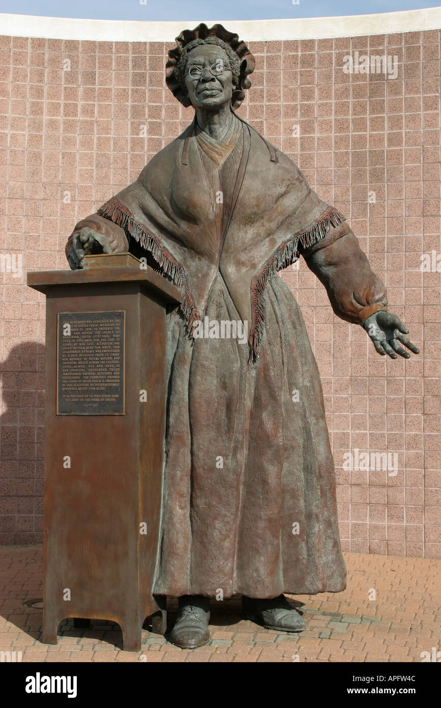Michigan Battle Creek Sojourner Truth,woman female women,ex former slave social reformer,Black African Africans statue statues,public art memorial his Stock Photo