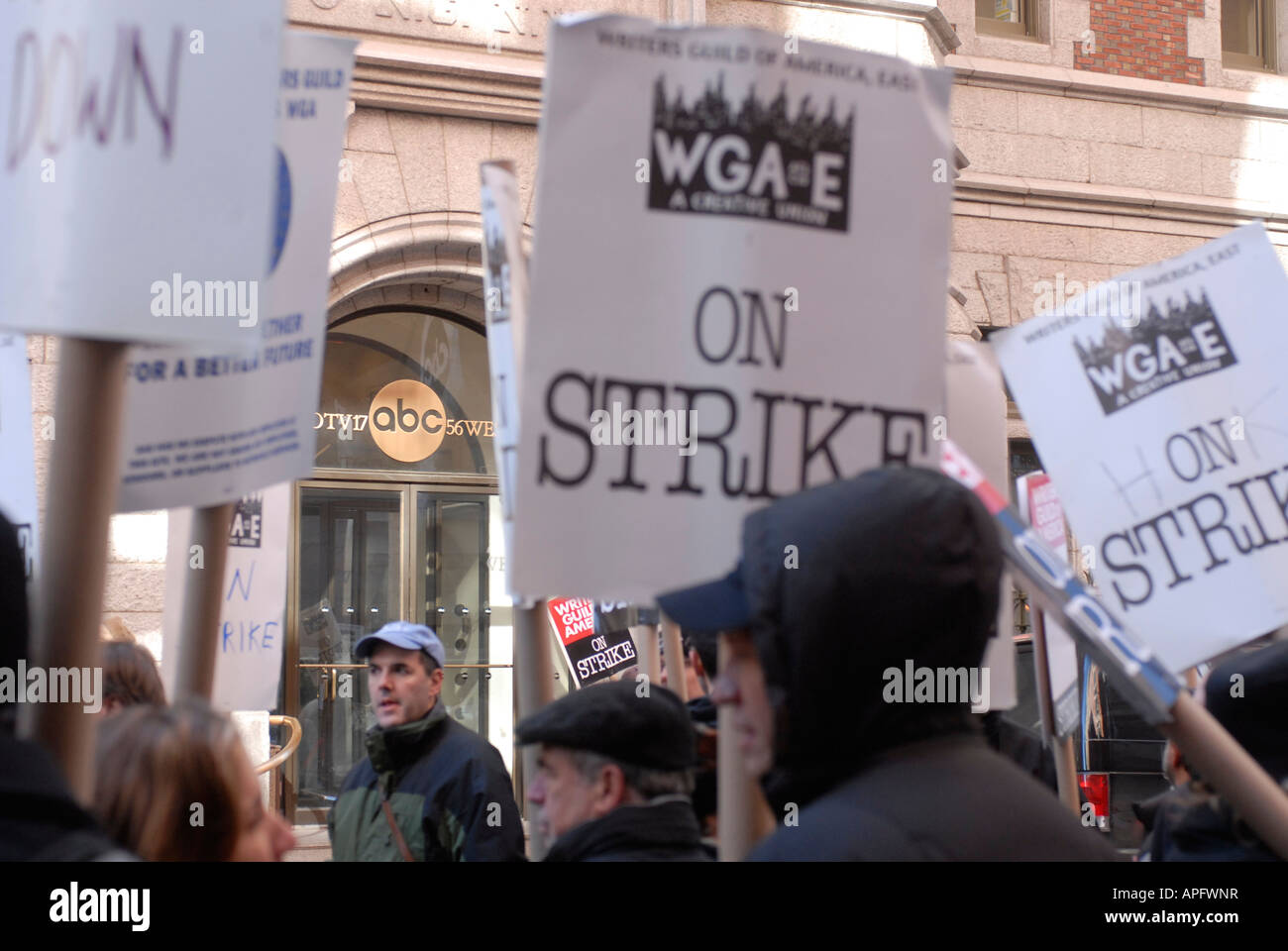 Members of the Writers Guild of America East picket outside ABC headquarters on the Upper West Side of NYC Stock Photo