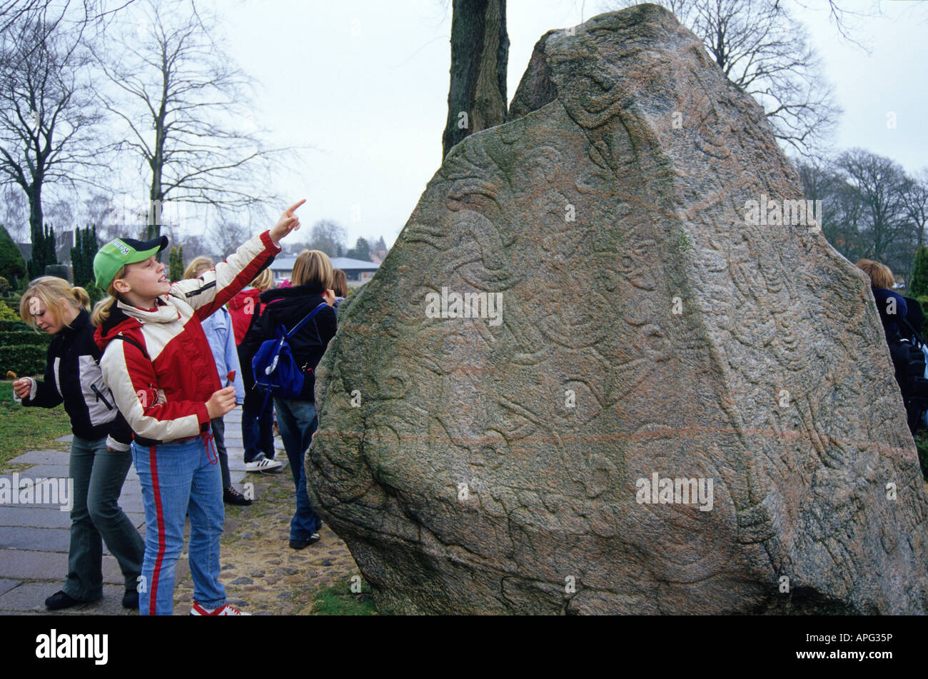 Stone with viking inscriptions in JELLING Denmark Stock Photo
