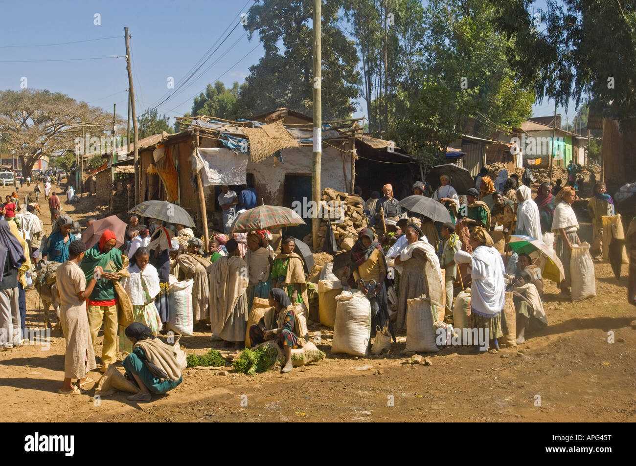 A typical colourful street scene in the main market of Gondar. Stock Photo
