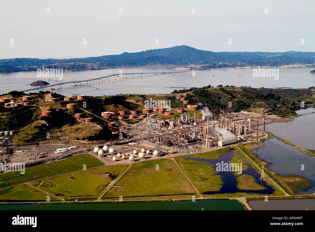 Chevron Refinery in Richmond, CA from above aerial Stock Photo
