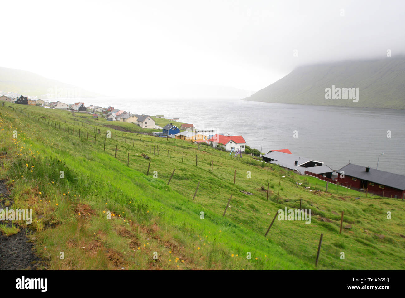 village at fjord on Faroe Islands, Denmark Stock Photo