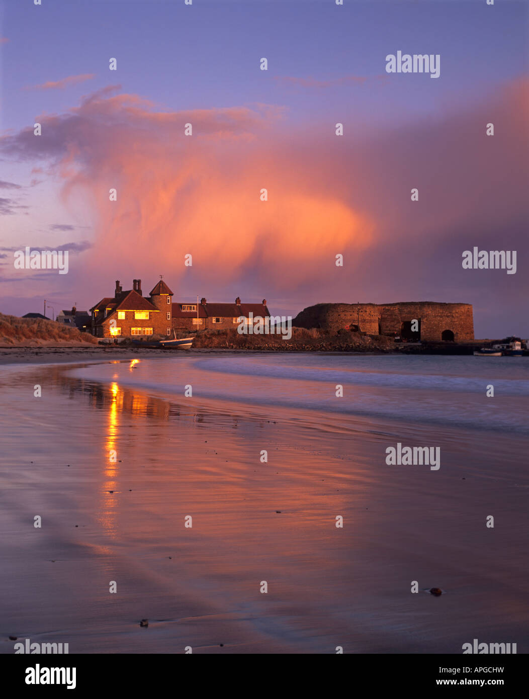 Beadnell Bay beach, harbour and lime kilns on the Northumberland coast in England Stock Photo