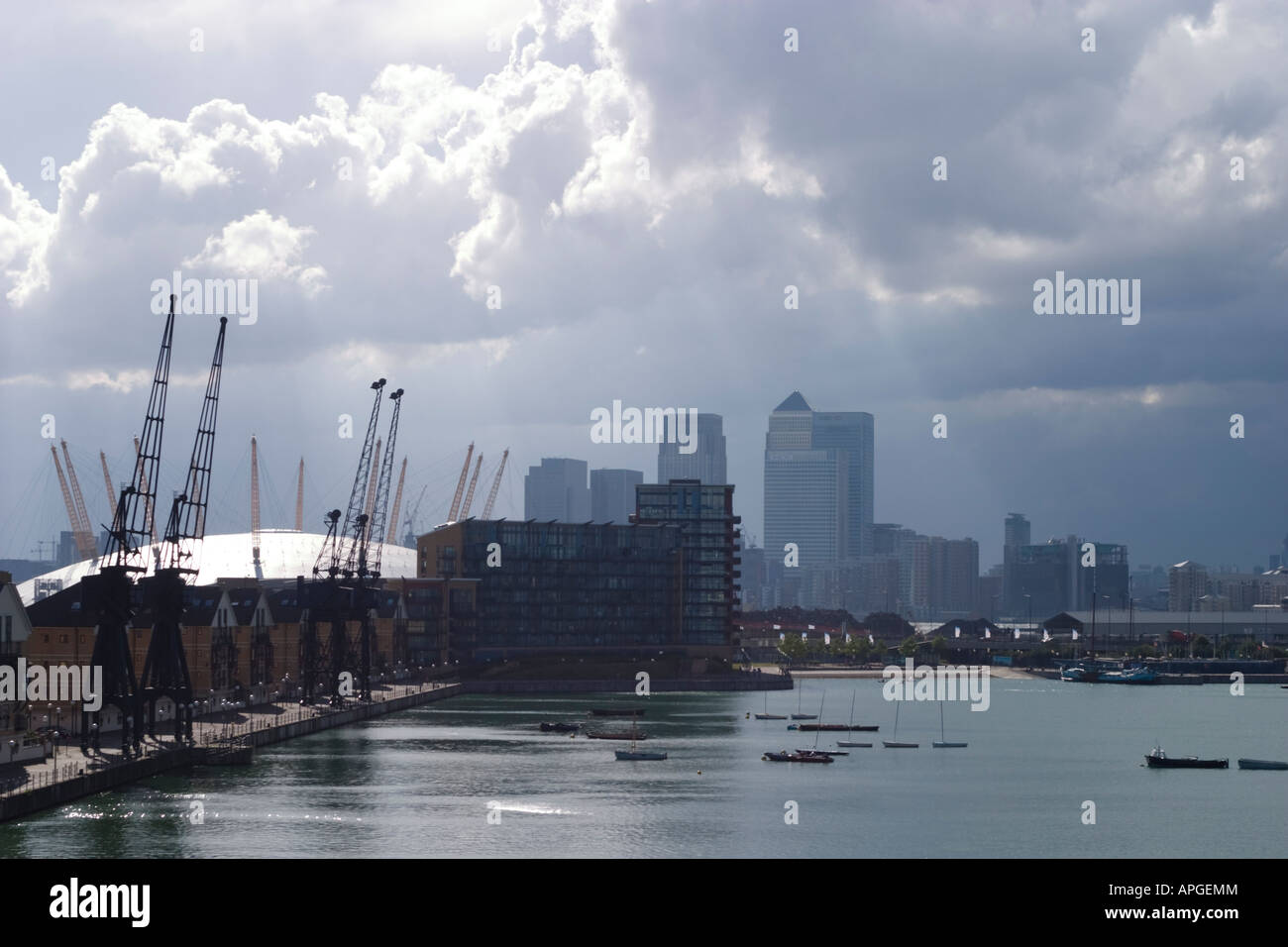 Royal Victoria Dock with O2 and Canary Wharf view from the footbridge ...